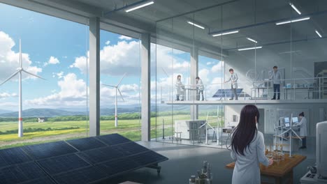 innovative research in sustainable energy: scientists collaborate in a modern laboratory surrounded by wind turbines and solar panels under bright skies