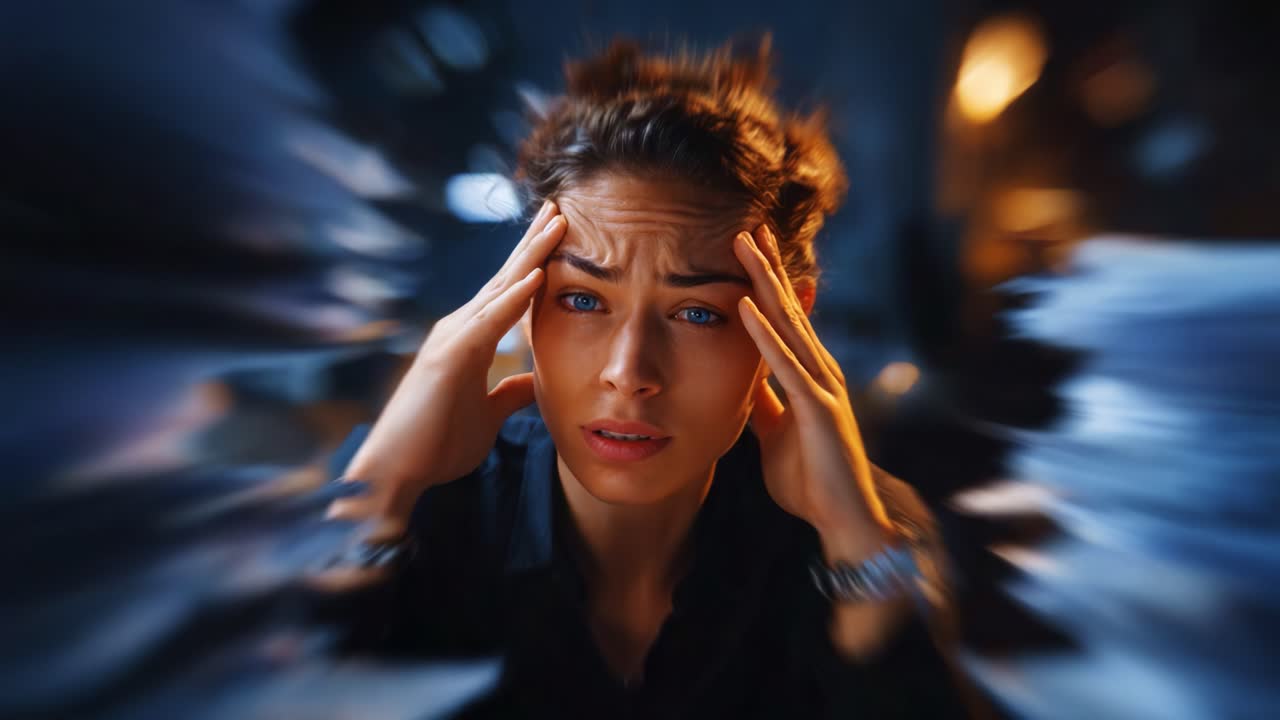 A woman with a pained expression holds her head, conveying feelings of stress and anxiety, captured in a dramatic moment of emotional intensity and turmoil