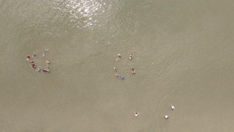 groups of swimmers gather in shallow ocean water, forming loose circles beneath bright sunlight