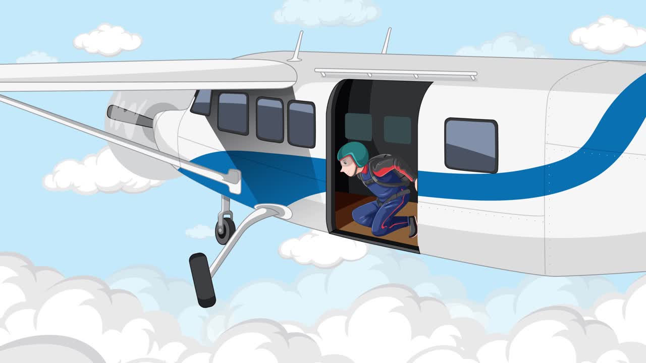 A skydiver leaps from a plane, freefalls, and deploys a parachute against a bright, cloud-filled sky