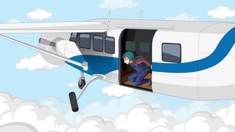 a skydiver leaps from a plane, freefalls, and deploys a parachute against a bright, cloud-filled sky