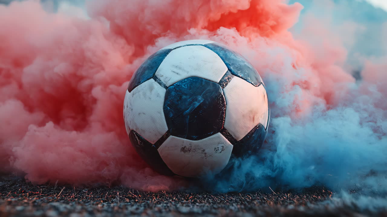 A soccer ball is surrounded by smoke and is the center of attention. The smoke is red, blue, and purple, creating a dramatic and intense atmosphere. The ball is the focal point of the image