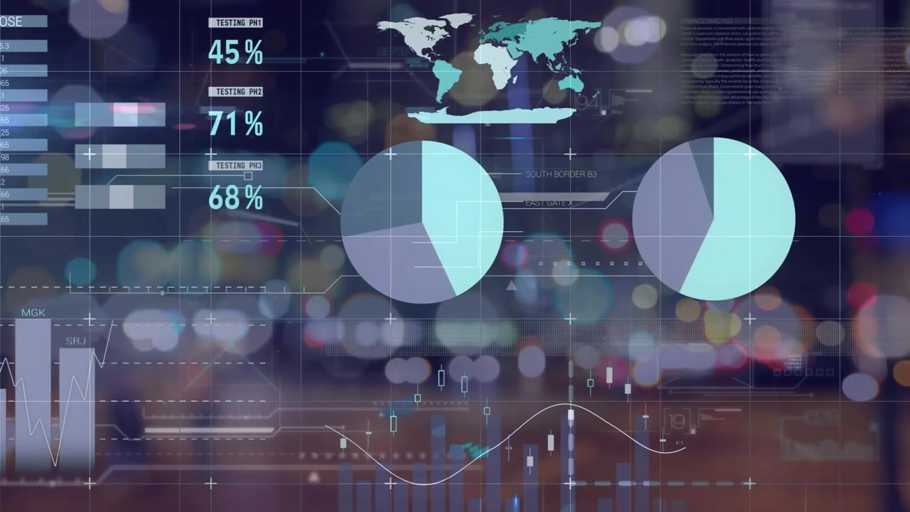 Digital Financial Data Overlay on Blurred City Night Traffic