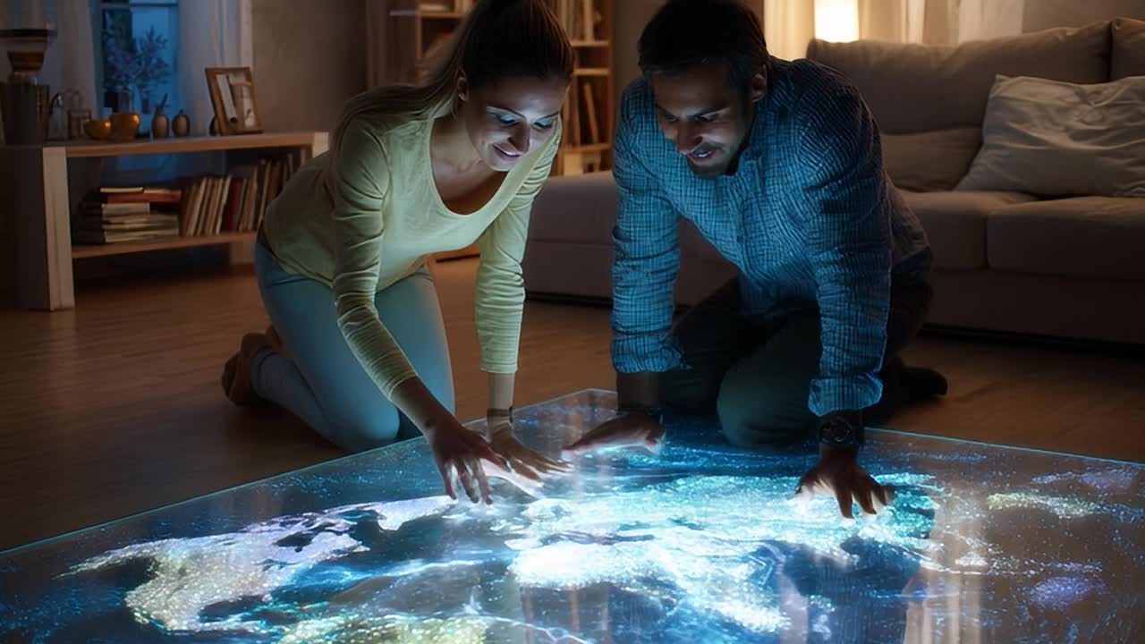 Couple using interactive map on a digital display at home