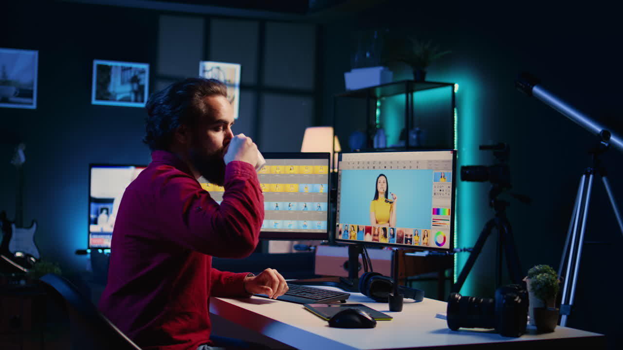 Photographer fixing overexposed pictures, adjusting white balance slider while drinking coffee