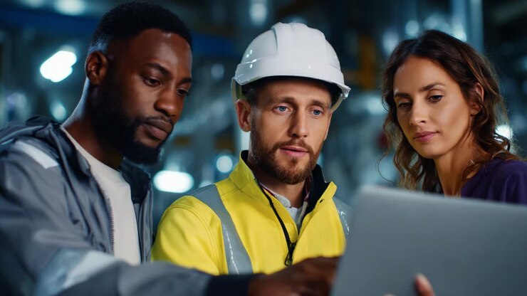 Factory Workers Collaborating on Production