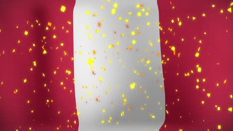 animación de confeti cayendo sobre la bandera ondeante de perú en el fondo