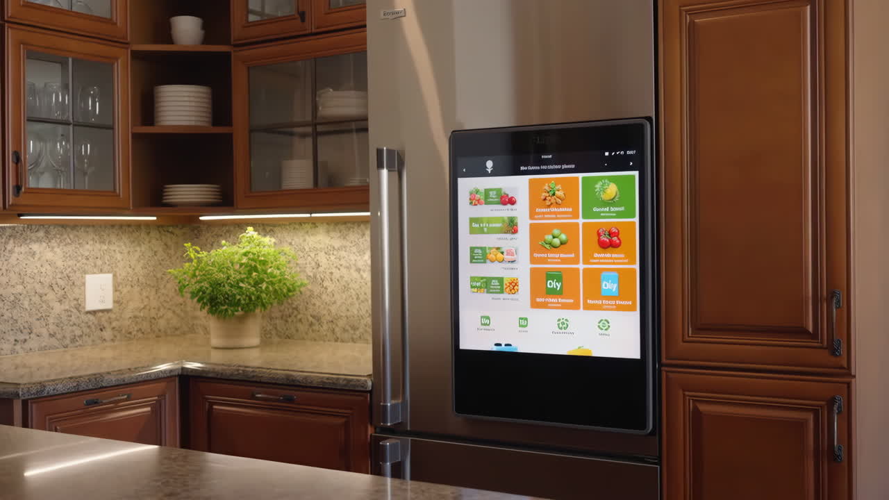 Modern Kitchen with Smart Refrigerator and Digital Food Display