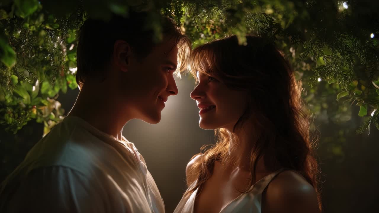 A Romantic Encounter Illuminated by Nature: A Couple Stands Under a Canopy of Greenery, Sharing an Intimate Moment Filled with Connection and Tenderness in a Beautifully Lit Setting