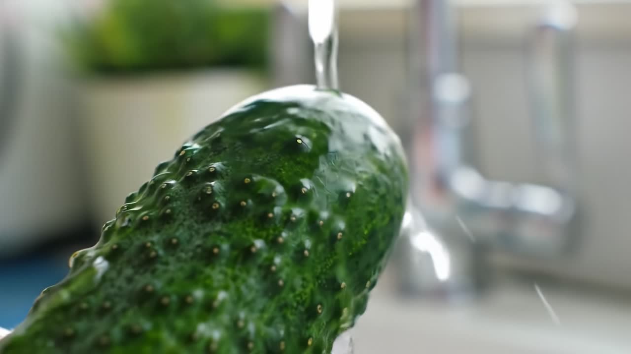 Refreshing Water Streaming Over a Cucumber, Showcasing the Crisp Texture and Vibrant Green Color of This Healthy Vegetable While Being Cleaned in the Kitchen