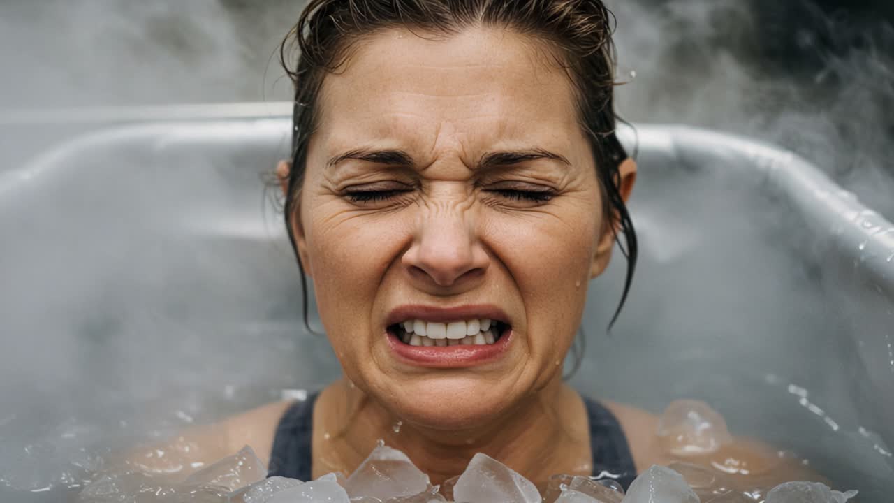Embracing Cold Therapy: A Woman's Transformative Experience in an Icy Bath Immersed in Mist and Steam, Capturing the Intensity of Her Emotions and the Benefits of Cold Exposure