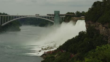 a wide scenic shot of niagara falls cascading beside the iconic rainbow bridge, with mist rising and tourists gathering near the rocky base below the cliff