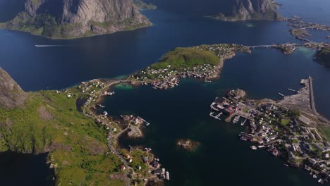 high aerial view above reine, norway in lofoten islands on summer day