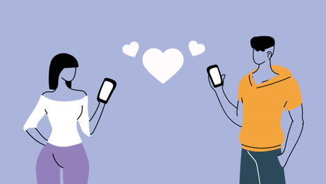 young couple lovers characters with smartphones