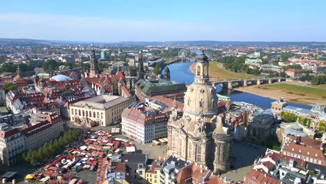 Neumarkt-Great-aerial-top-view-flight-Dresden-city-Women-church-Frauenkirche-City-town-Germany,-summer-sunny-blue-sky-day-23