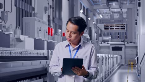 asian male professional worker standing with his tablet at pharmaceutical factory, vaccine production facility, he is nodding his head with dissapionted