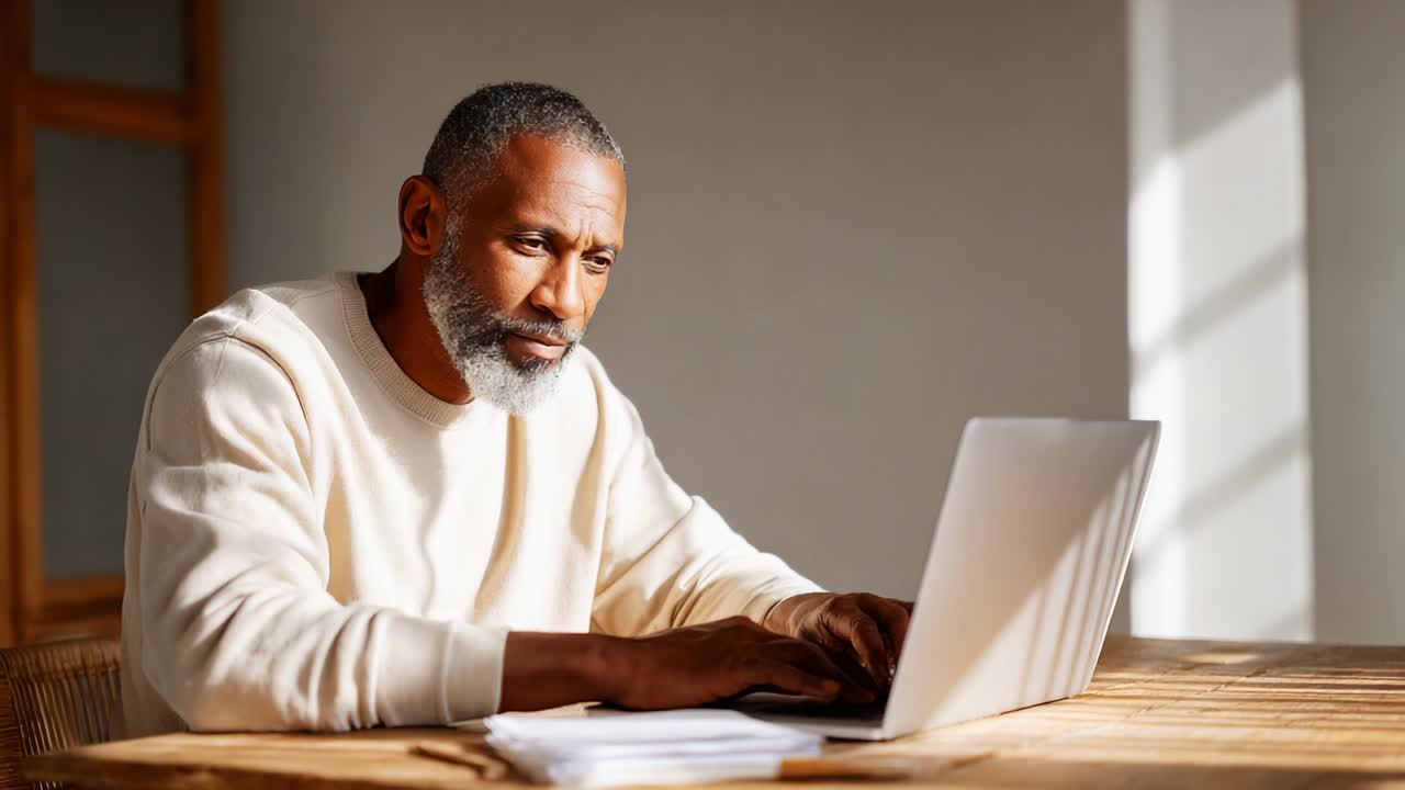 Focused Man Engaged in Work on Laptop, Capturing Intense Concentration and Dedication While Seated at a Wooden Table, Sunlight Streaming through the Window to Create a Warm, Productive Atmosphere