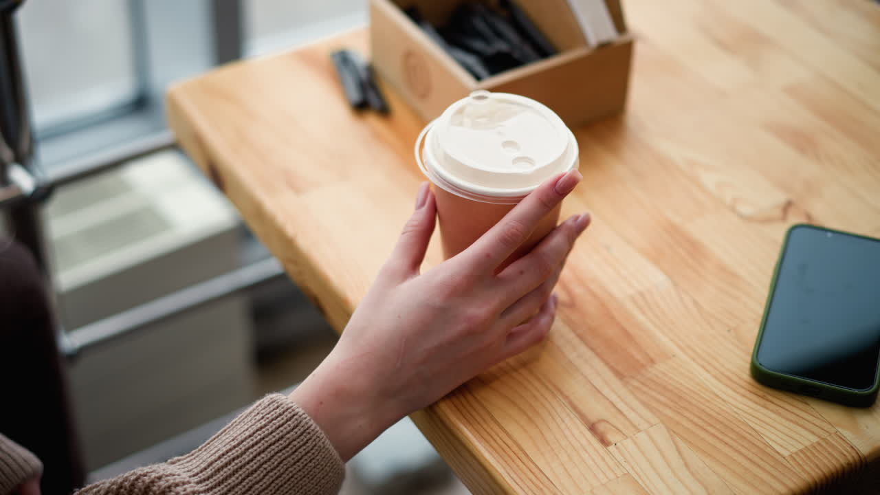 primer plano de la mano de la mujer tocando suavemente la taza de café colocada en una mesa de madera con vista parcial del teléfono y el riel de hierro en el fondo, un entorno de café casual con una vista borrosa de los alrededores