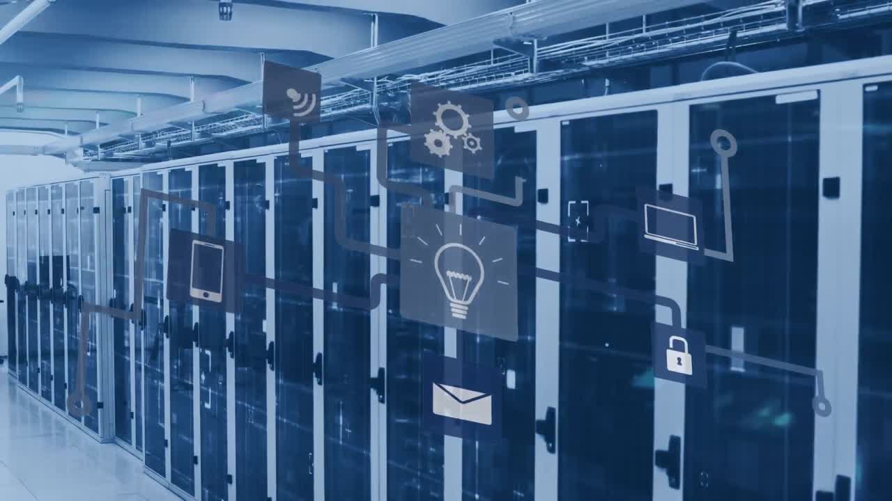 Animation of network of connections with icons over computer servers