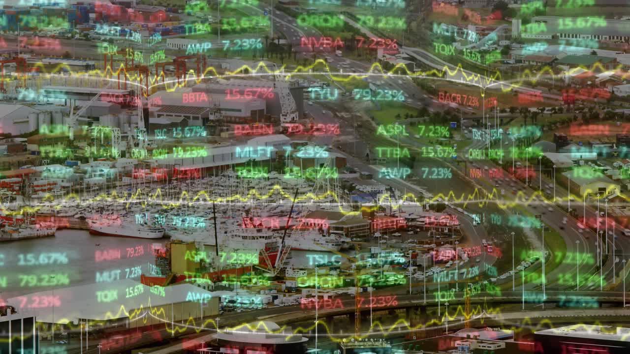 도시 풍경 위의 금융 데이터 처리 애니메이션