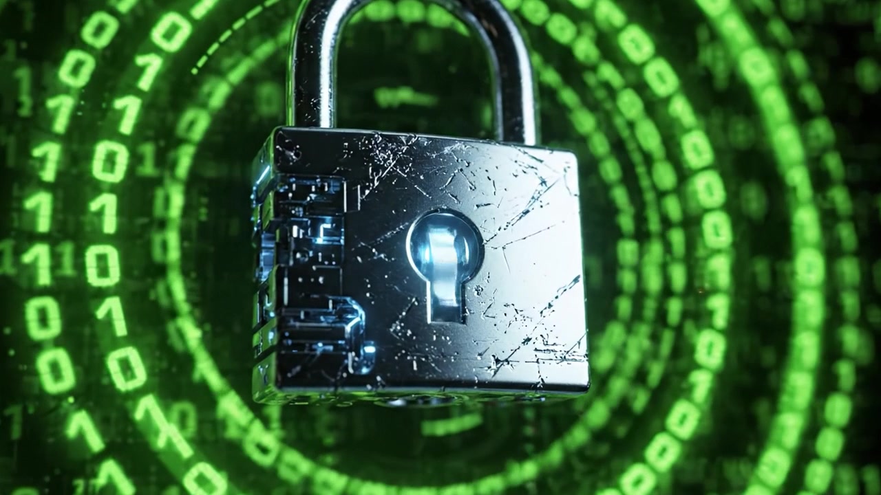 A Stunning Close-Up of a Metallic Padlock Surrounded by a Digital Green Matrix of Binary Codes, Symbolizing Security, Protection, and Data Privacy in the Virtual World