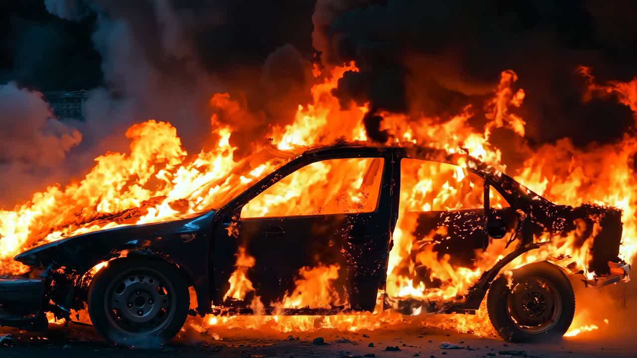 거리의 한가운데에 불타는 불타는 차