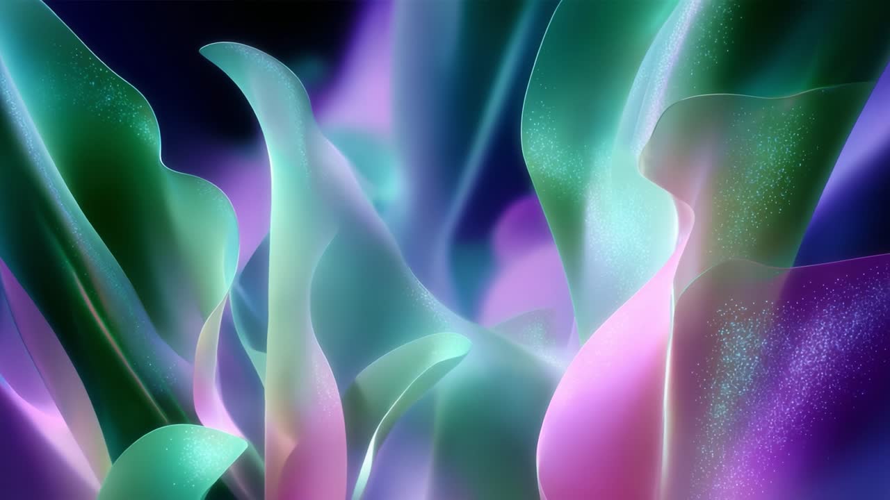 En fængslende udforskning af æteriske plantelignende former med flydende dynamik i frodige lilla og grønne farver, der skaber en drømmeagtig atmosfære fuld af liv og detaljer i et surrealistisk rum