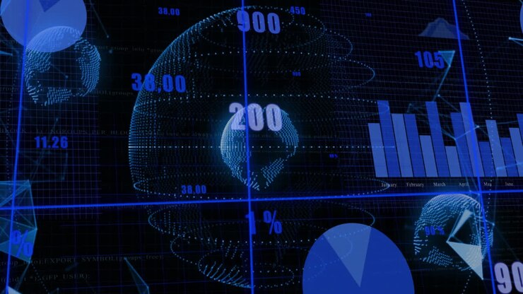 Animation of data processing over globe and diagrams on black background