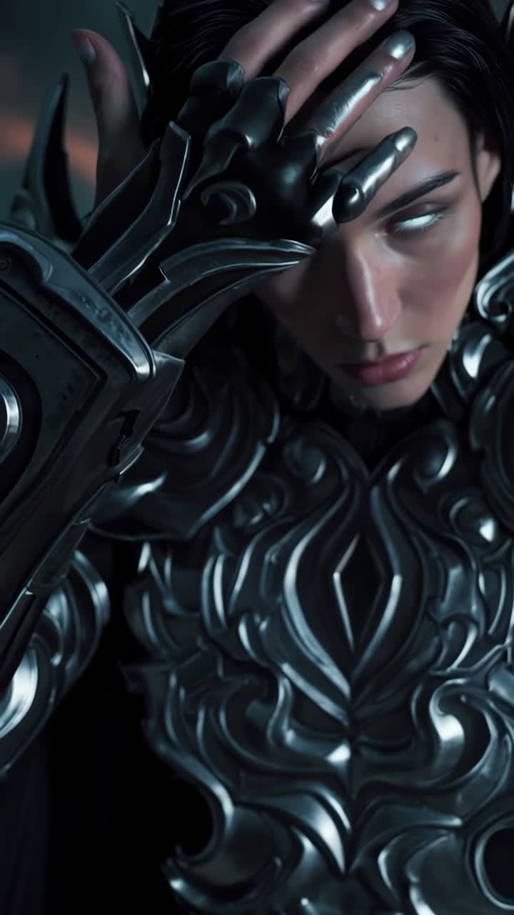 A Mysterious Warrior in Ornate Dark Armor with Glowing Eyes in a Dramatic Landscape