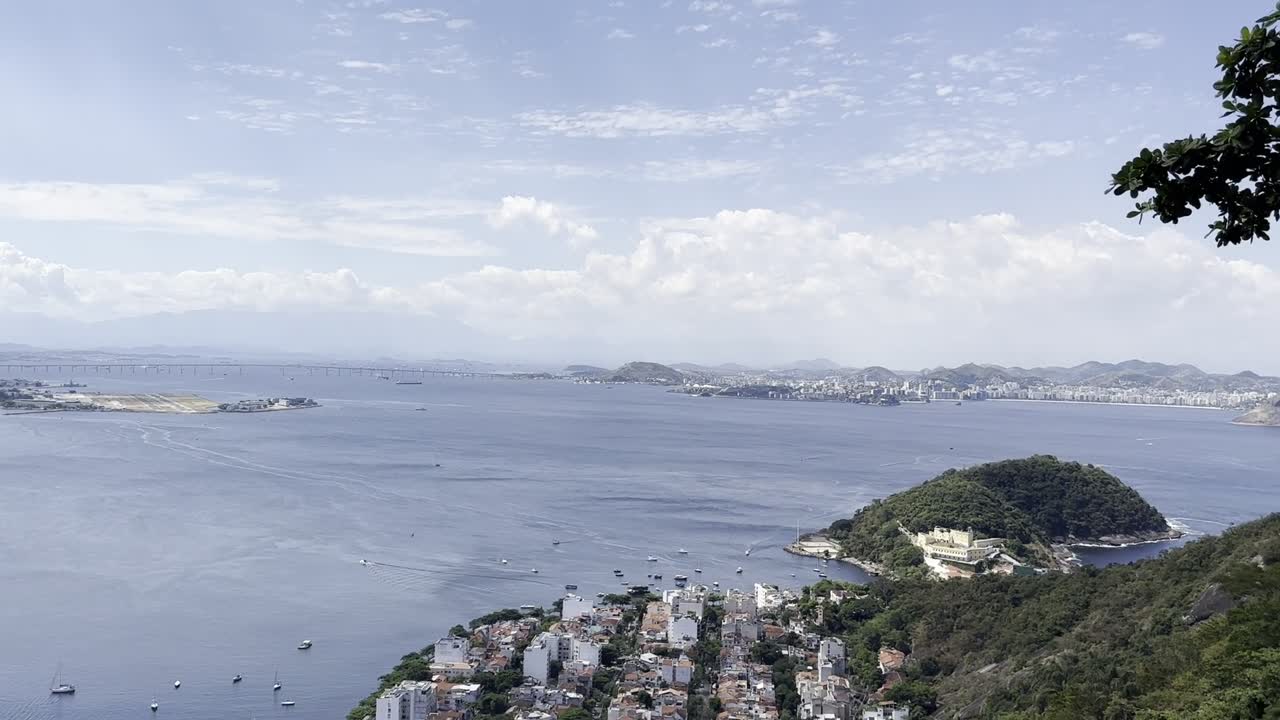 Coastal city panorama with bay and mountains
