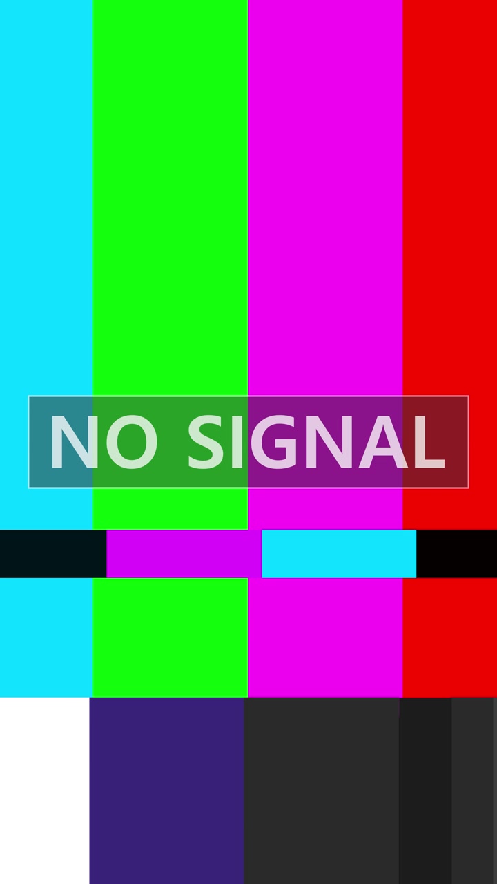 Color bar no signal screen with bright broadcast stripes glitch band and translucent warning panel