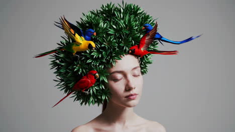 woman with foliage and colorful birds headpiece