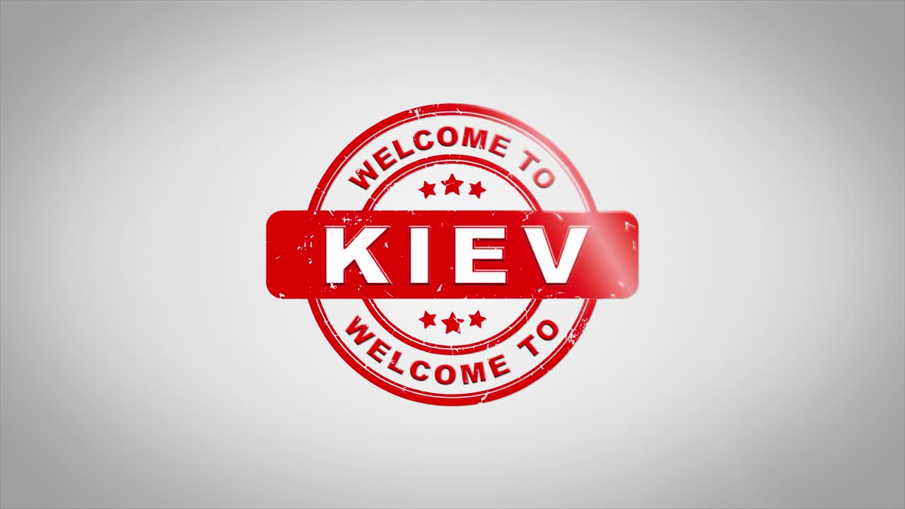 키예프에 오신 것을 환영합니다. 서명 된 스핑 텍스트 나무 스프 애니메이션. 녹색 매트 배경과 함께 깨한  종이 표면 배경에 빨간 잉크.