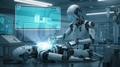 a sophisticated robot engaged in advanced medical repair on a humanoid robot in a high-tech laboratory environment, showcasing futuristic technology and robotics