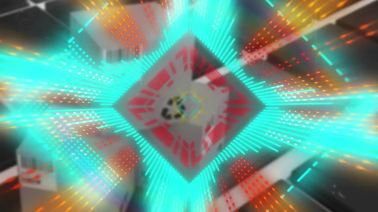 창고의 상자 위에 있는 네온 터널의 애니메이션.