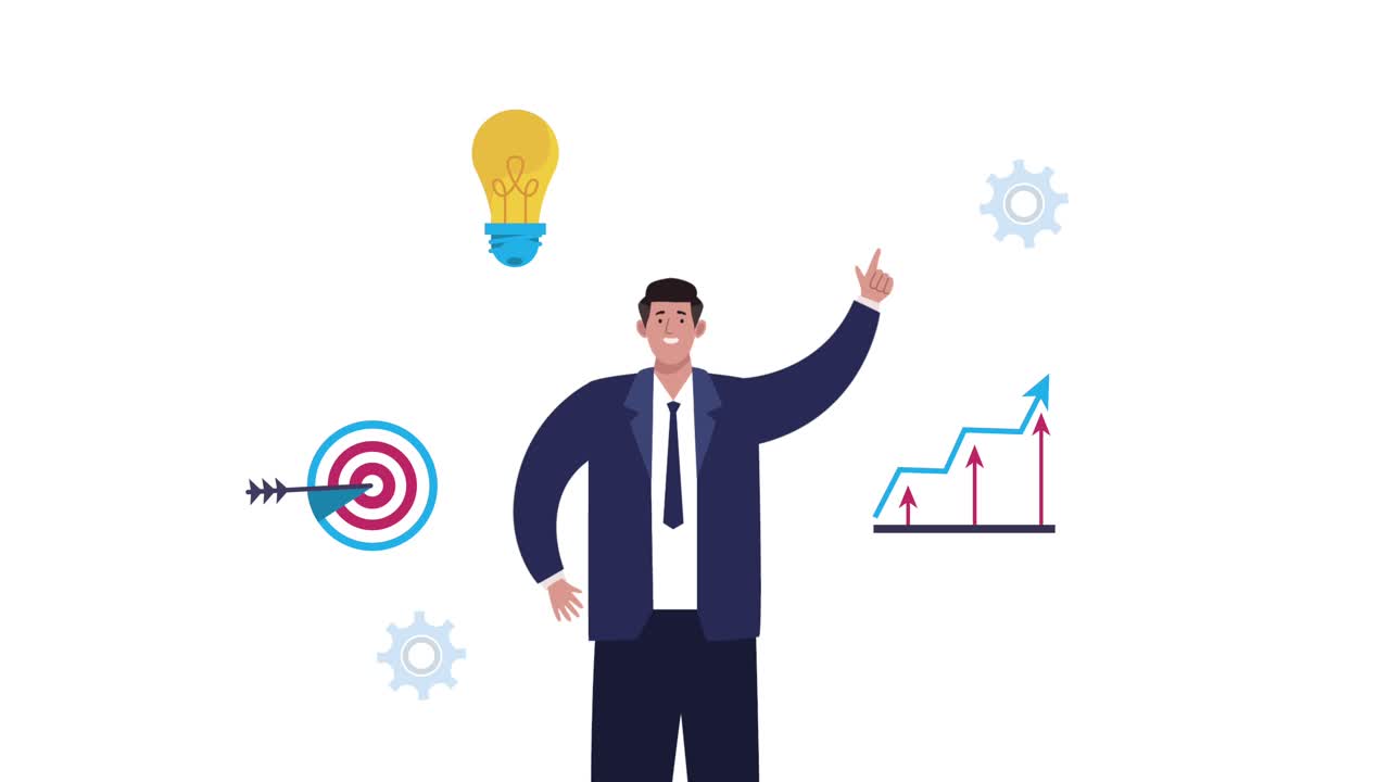 coaching animation with businessman and business icons