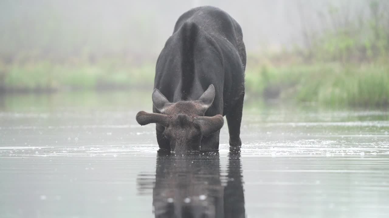 un alce toro en terciopelo se alimenta en un pequeño estanque en una niebla de primavera por la mañana