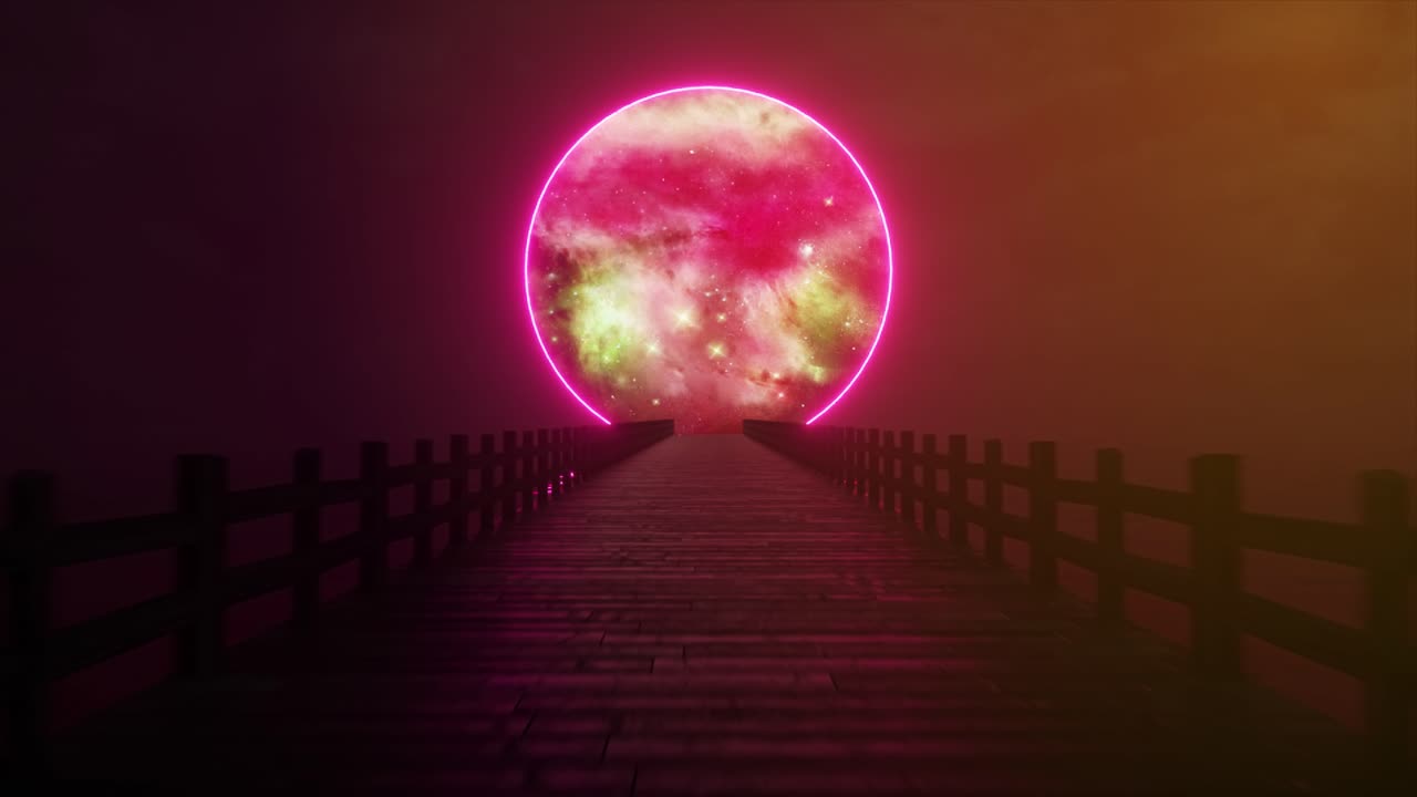 다른 은하계로 가는 네온 분홍색 포털 브릿지