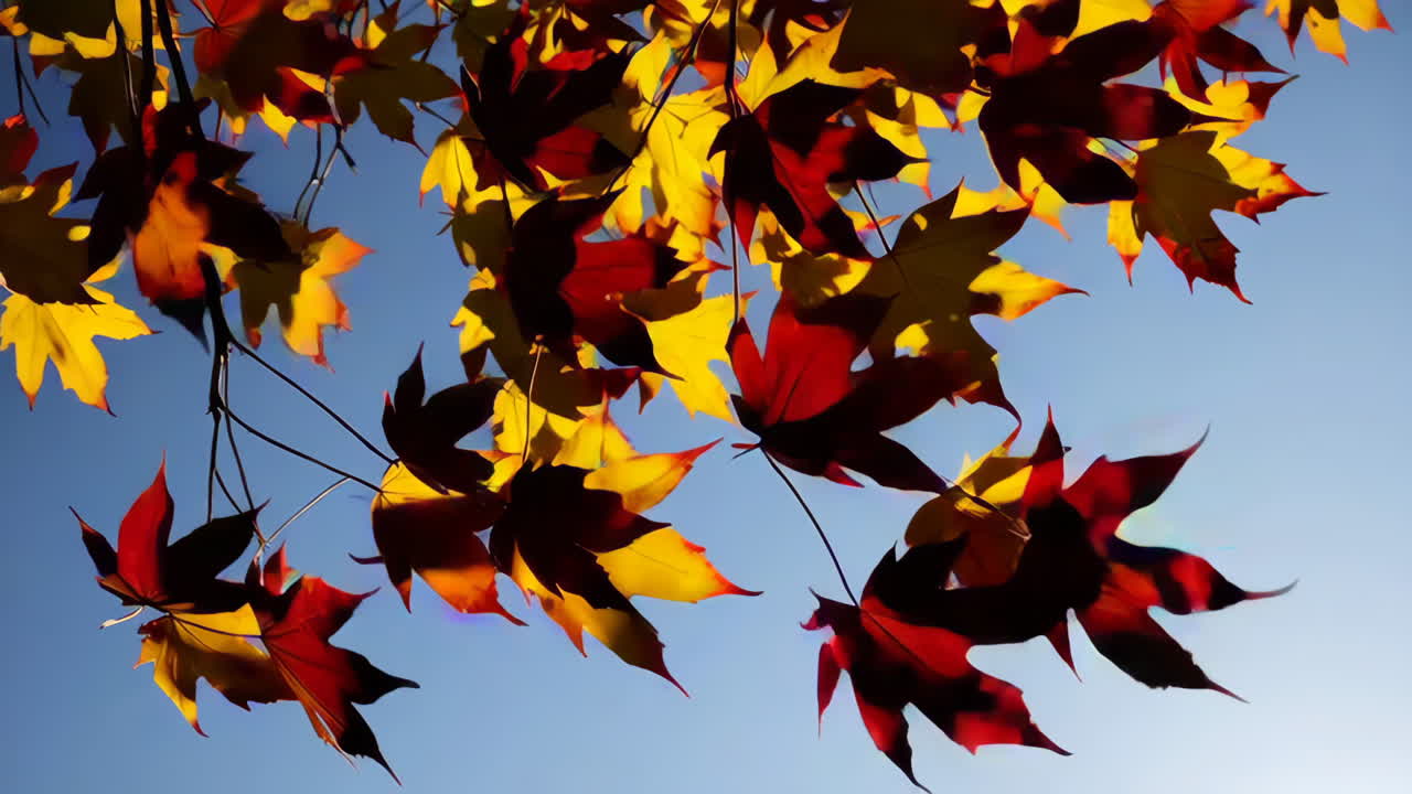 파란 하늘을 배경으로 가을의 메이플 잎