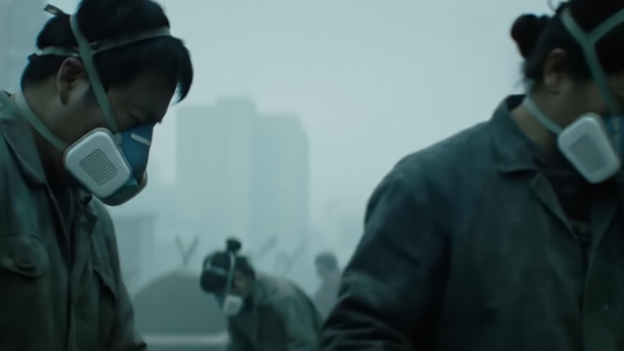 A group of workers wearing protective masks engages in a task amidst a foggy, possibly industrial environment, highlighting themes of safety and teamwork