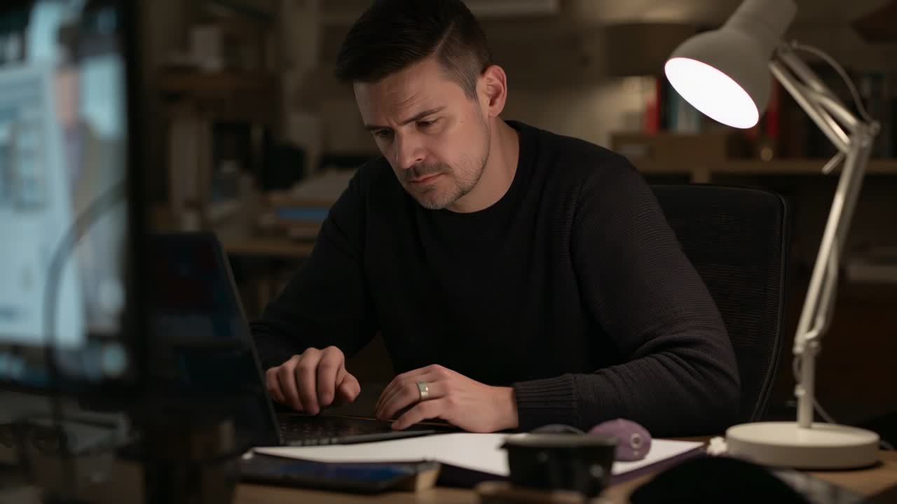 Uomo chinato in avanti con maglione scuro che digita al laptop sulla scrivania controllando documenti e lavorando a una relazione