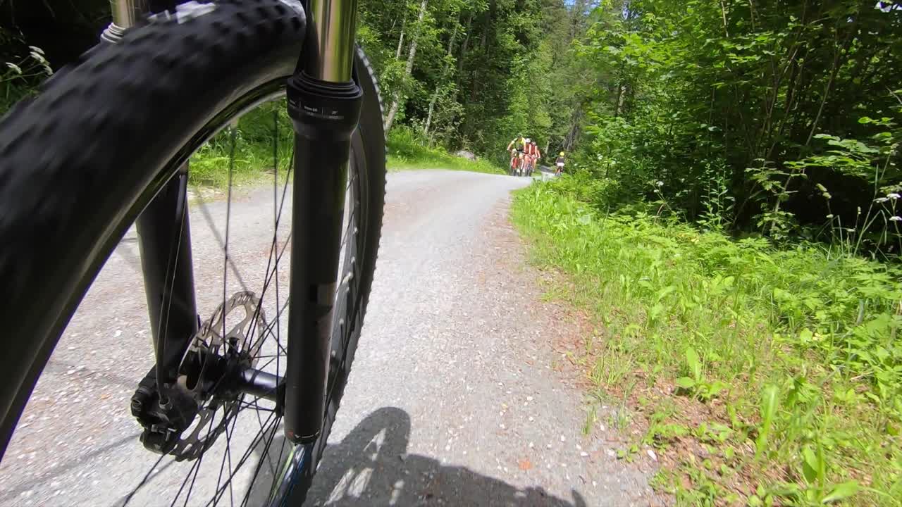 vista gopro de una rueda de bicicleta de montaña durante una excursión por los bosques suizos, actividad deportiva