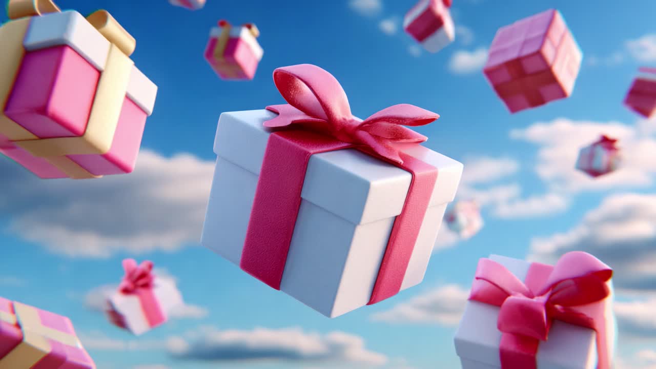 Surreal Floating Presents in a Bright Sky: A Whimsical Display of Gift Boxes in Various Designs, Soaring Through Fluffy Clouds with a Clear Blue Background, Perfect for Celebrations or Joyous Occasions