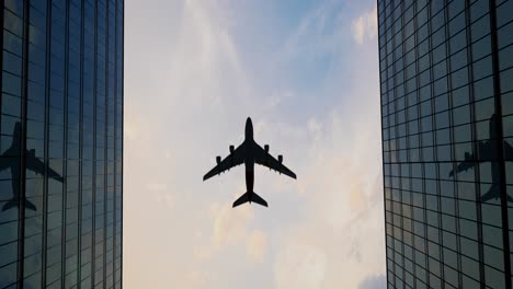 airplane flying over skyscrapers