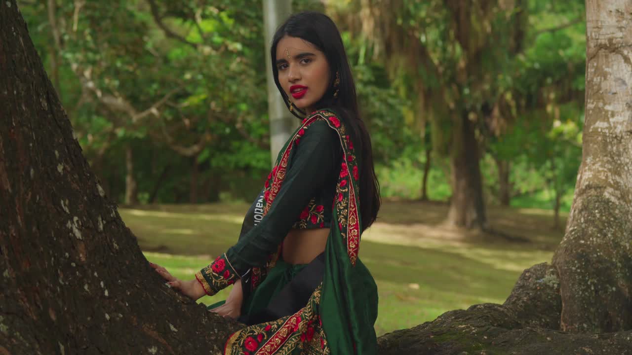A Woman in a Saree Posing by a Tree in a Park