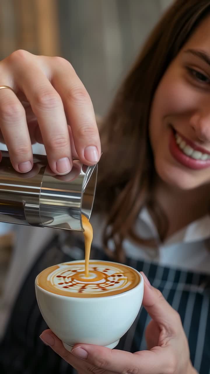 Video verticale: barista che versa il latte, con grembiule a righe, che tiene in mano una tazza e una brocca in un bar mentre crea una latte art