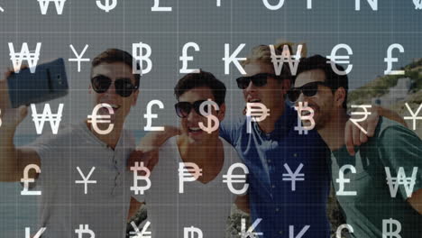 wearing sunglasses, group of friends with currency symbols in animation overlay
