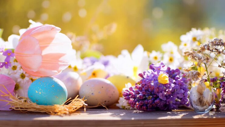 Colorful Easter eggs and flowers in soft focus, captured at eye level, perfect for a festive video