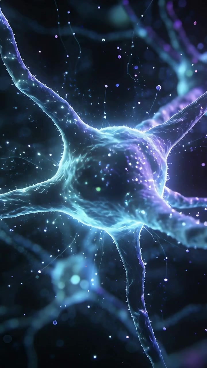 Vertical video: Rotating dendritic neuron pulsing after shift in micro field, releasing particles