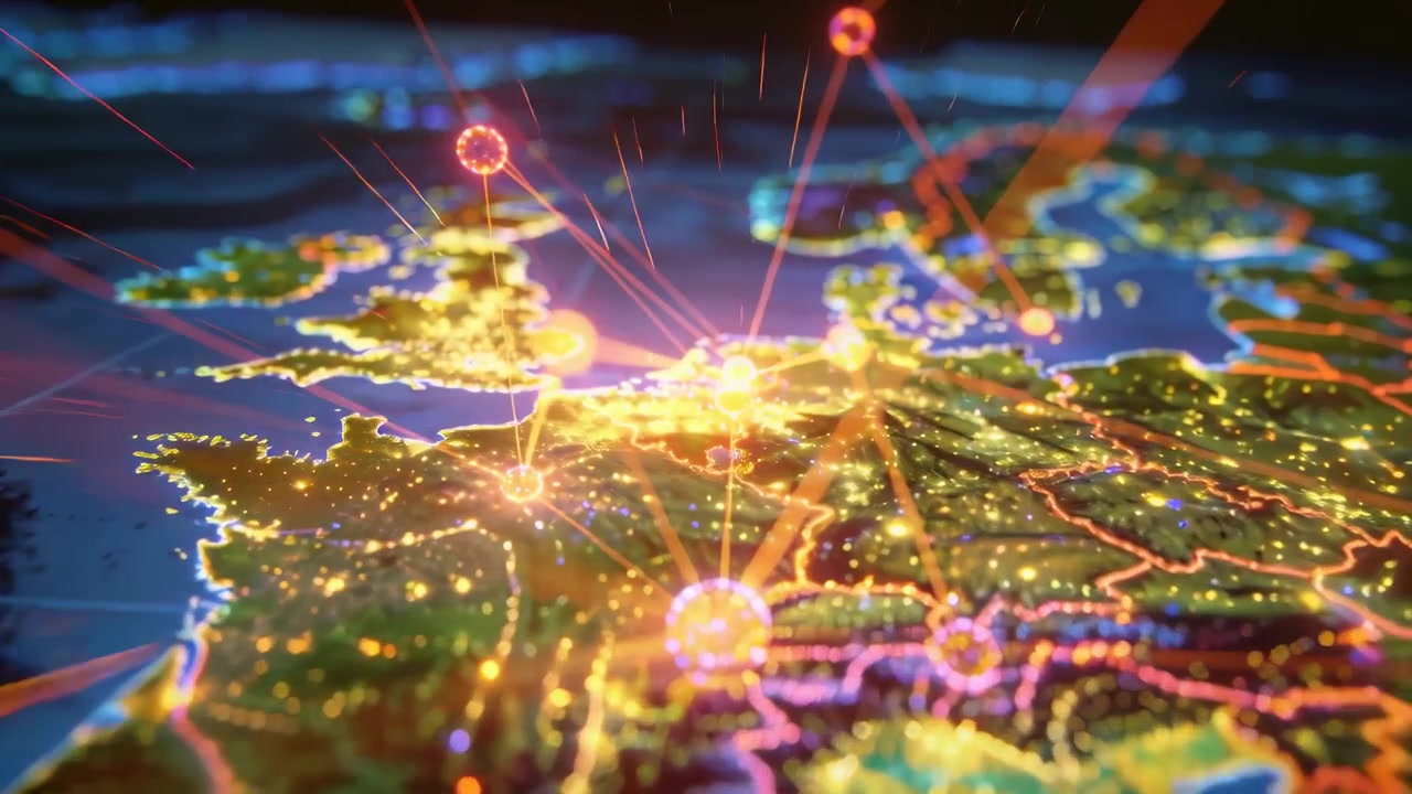Mappa 3D dell'Europa che si apre, rivelando un hub pulsante in Francia, con raggi e nodi di collegamento che mostrano il flusso di dati.
